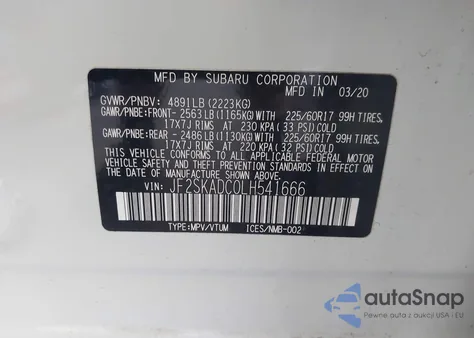 2020 Subaru Forester из США, поврежденный, VIN JF2SKADC0LH541666